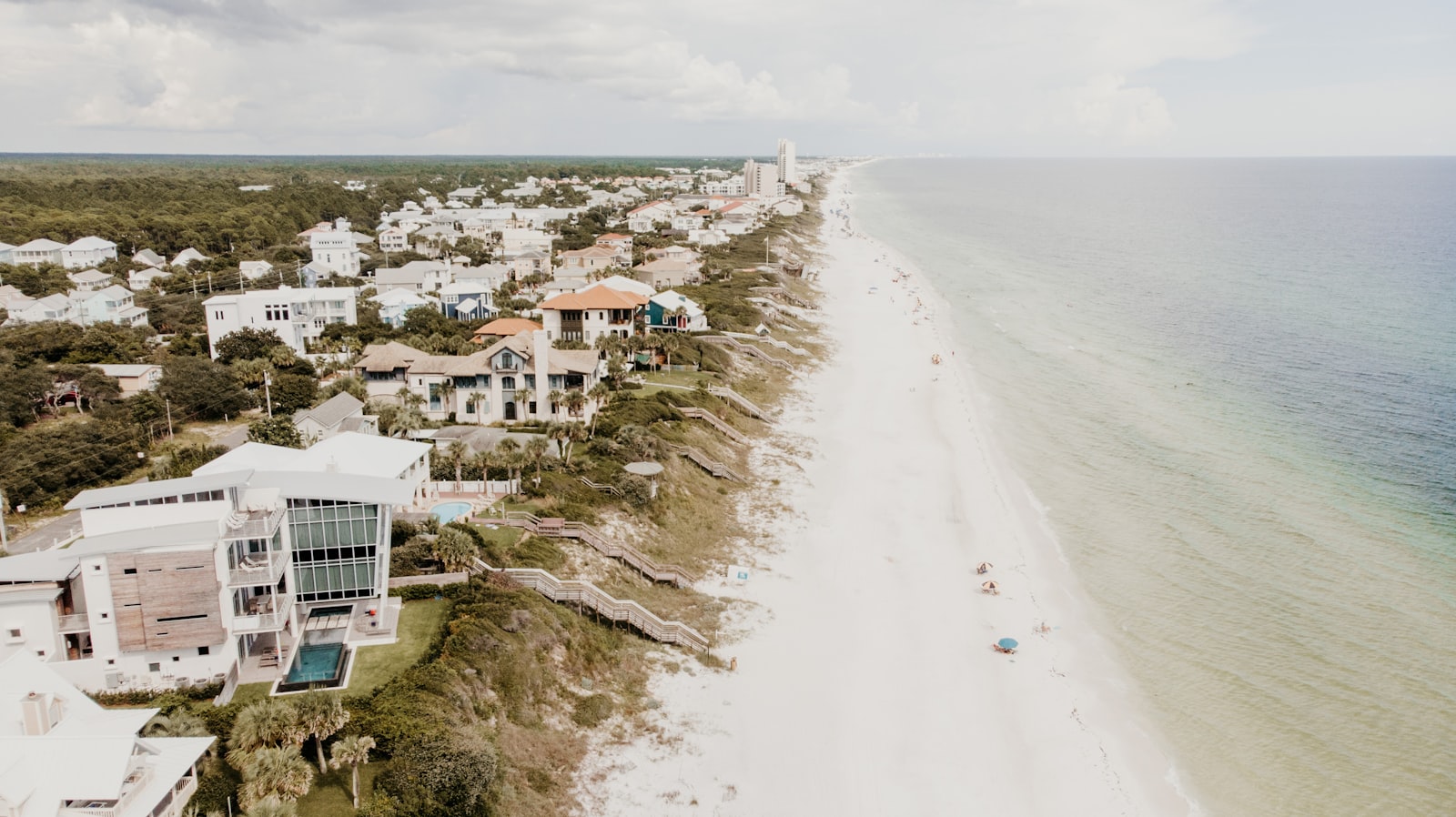 An aerial view of the beach-town cottages along Scenic 30A