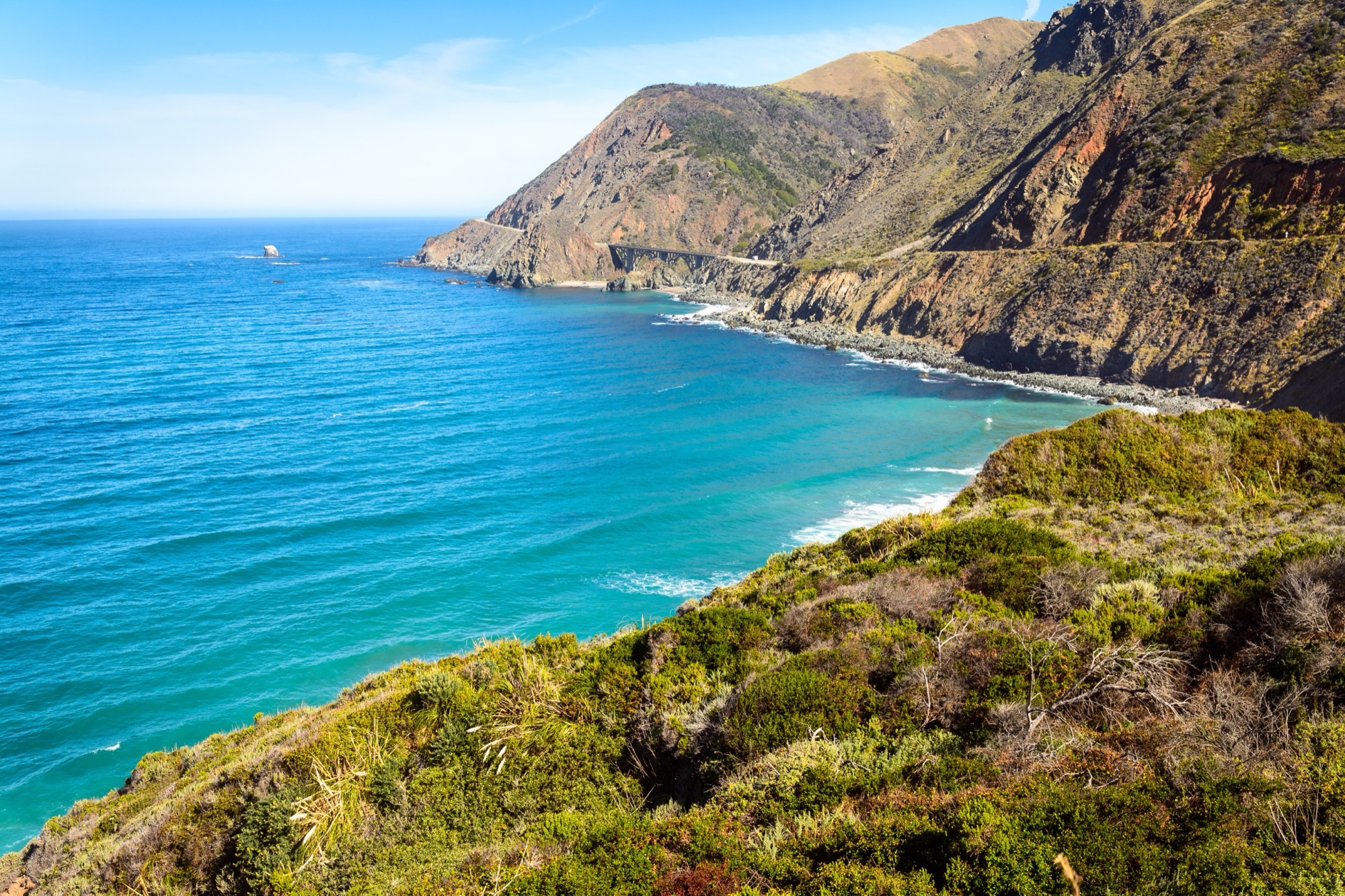 Turquoise Pacific water meeting the steep Big Sur cliffs, with Highway 1 cut into the mountainside
