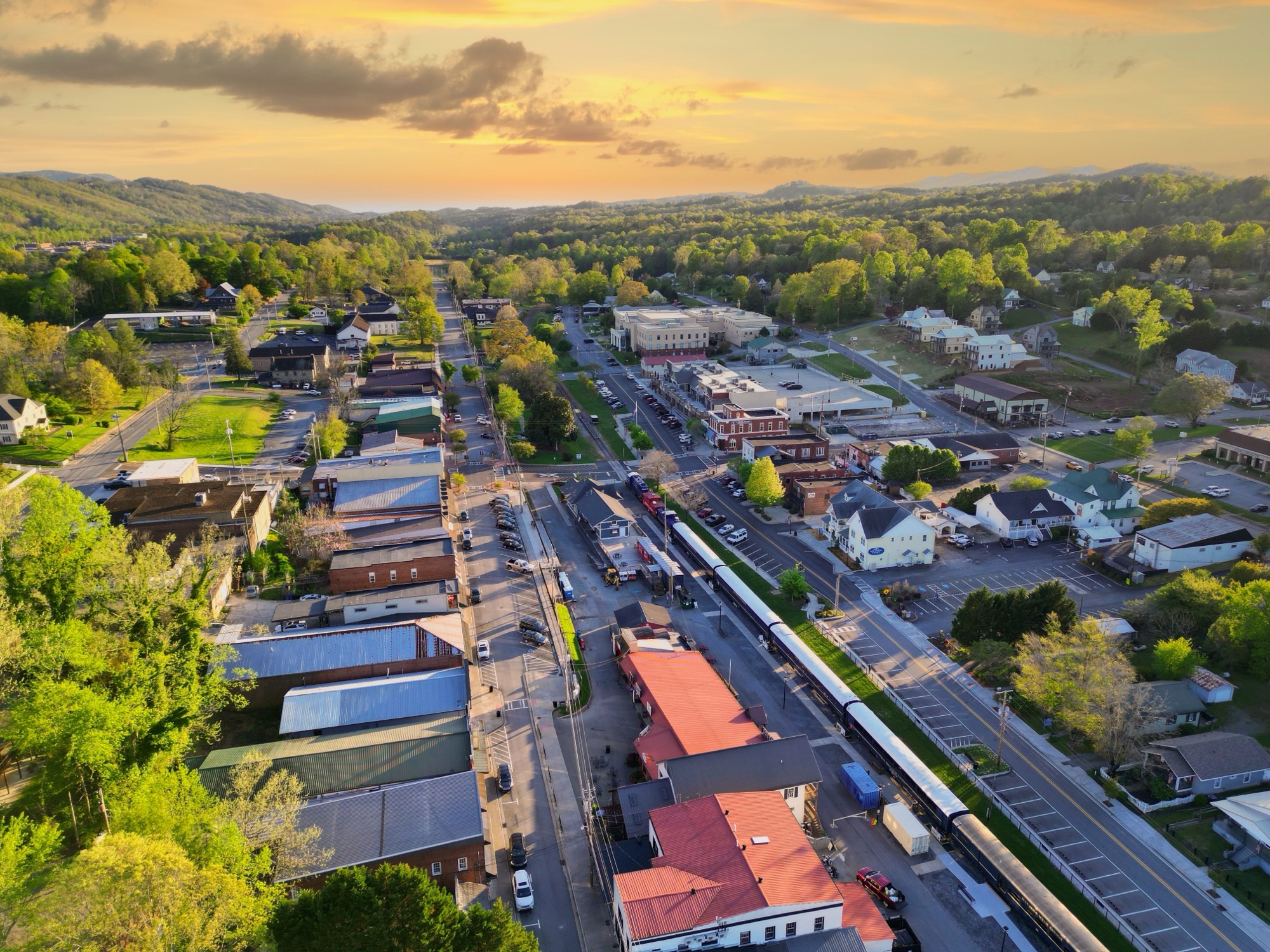 Downtown Blue Ridge, Georgia at sunset — the historic main street framed by the north Georgia mountains