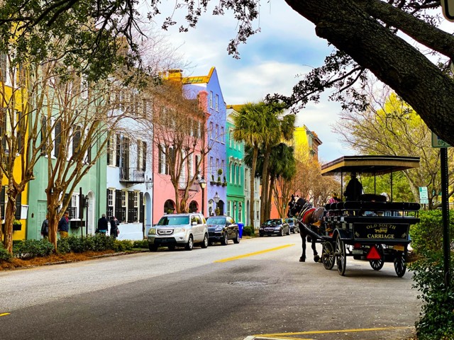 A horse-drawn carriage on a historic-district street in Charleston, South Carolina