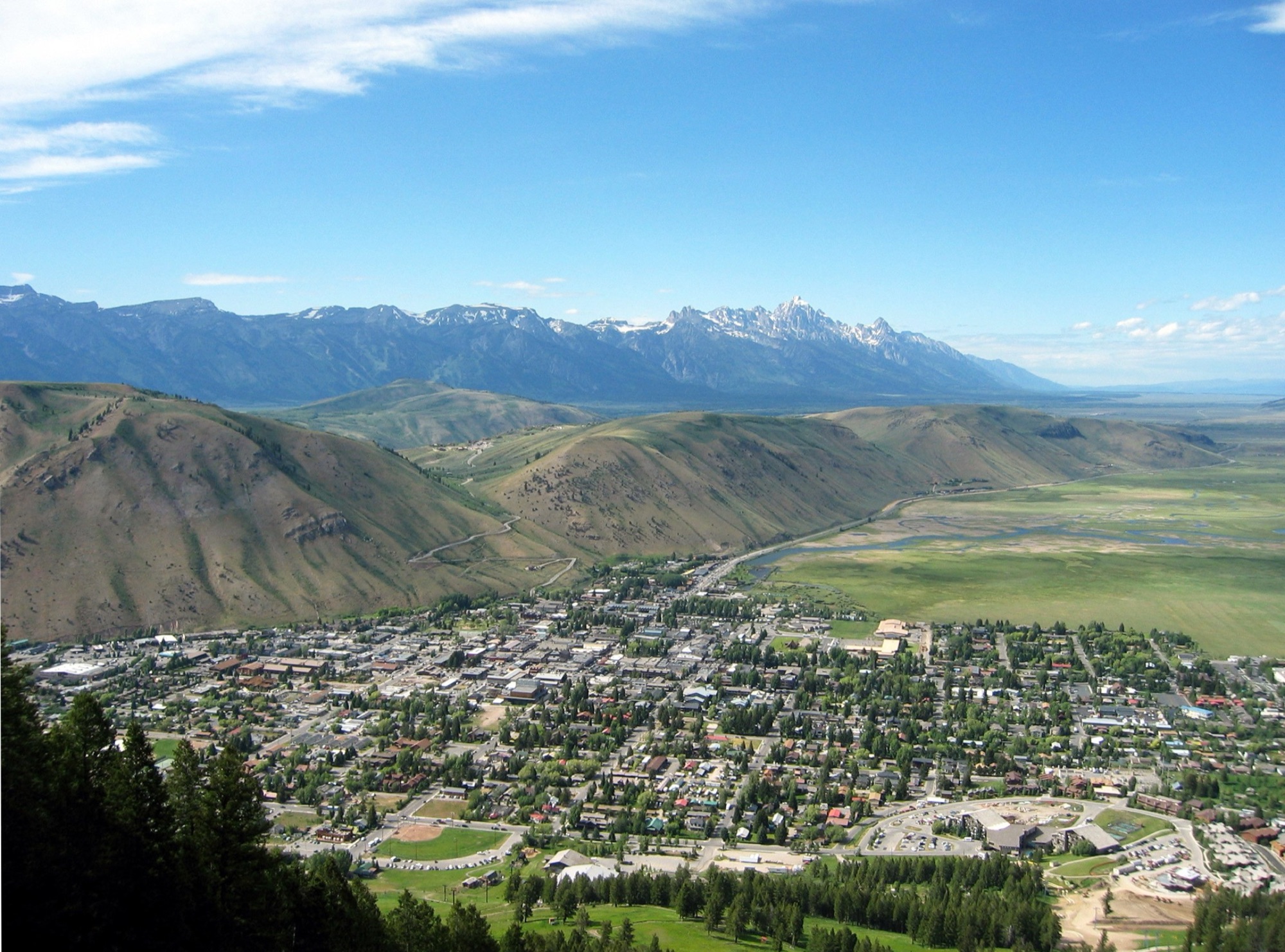 The town of Jackson in its valley below the Teton Range, seen from Snow King