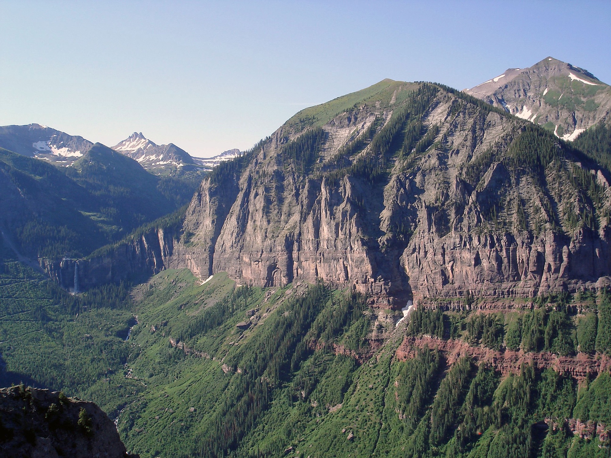 The dramatic head of Telluride's box canyon — sheer cliff walls, red-rock strata, and Bridal Veil Falls