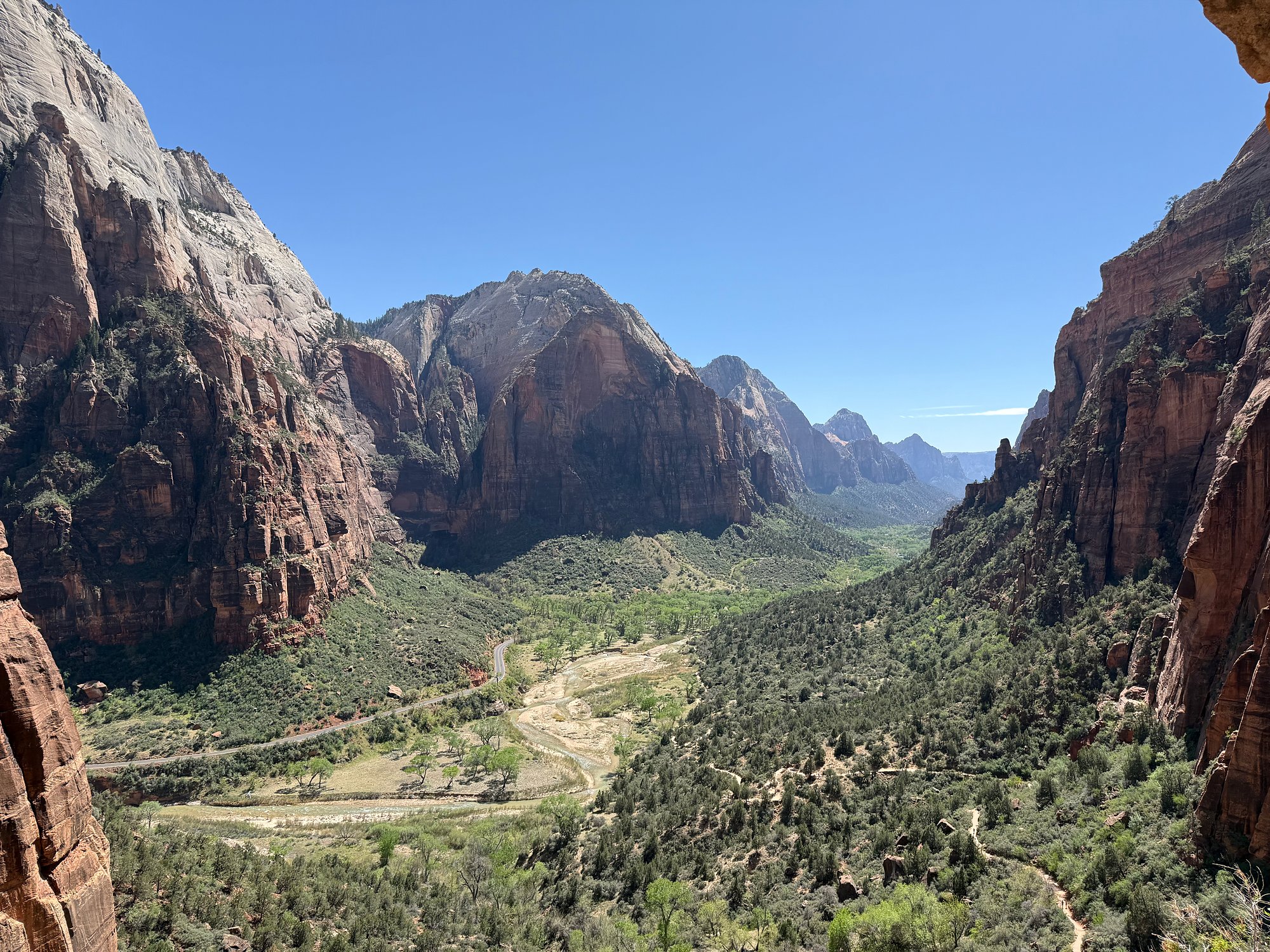 Looking down Zion Canyon and the Virgin River from the West Rim Trail below Scout Lookout