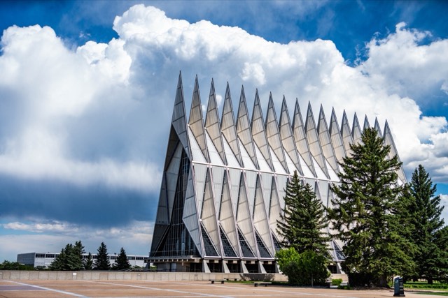The seventeen aluminum spires of the U.S. Air Force Academy Cadet Chapel against a dramatic sky