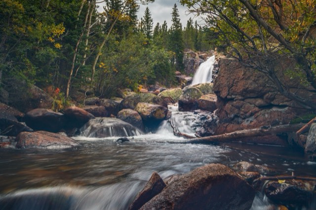 Alberta Falls cascading through the forest and boulders