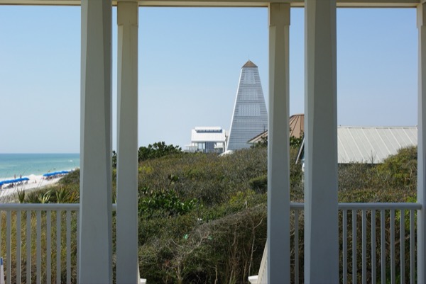 Seaside's white pavilion and tower on Scenic 30A