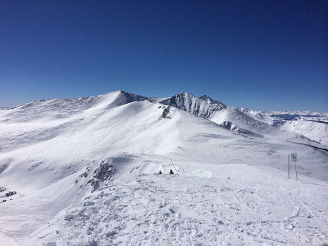 A bluebird view from the summit of Breckenridge Ski Resort across the snowy peaks