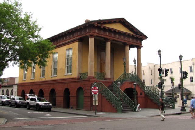 The Greek Revival Market Hall with its columned portico and double staircase at Charleston City Market