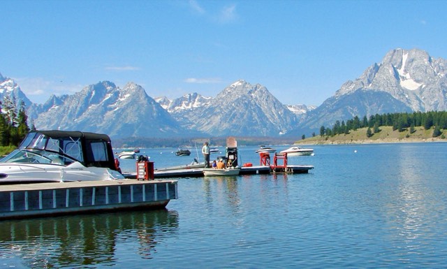Colter Bay Marina on Jackson Lake beneath Mount Moran