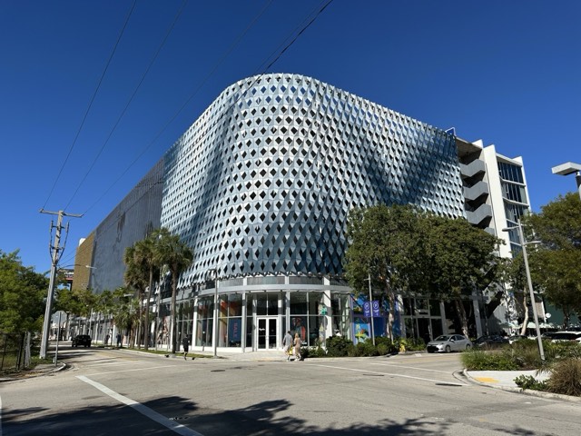 The diamond-patterned facade of the Museum Garage in Miami's Design District
