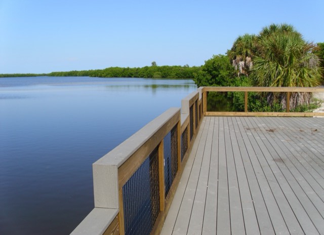 Mangrove-lined tidal wetland at the J.N. Ding Darling National Wildlife Refuge on Sanibel, seen from an observation deck