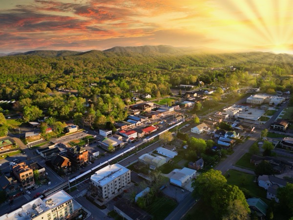 Downtown Blue Ridge, Georgia, at sunset with the North Georgia mountains beyond