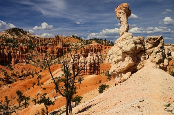 A capstone hoodoo under dramatic clouds on the Fairyland Loop