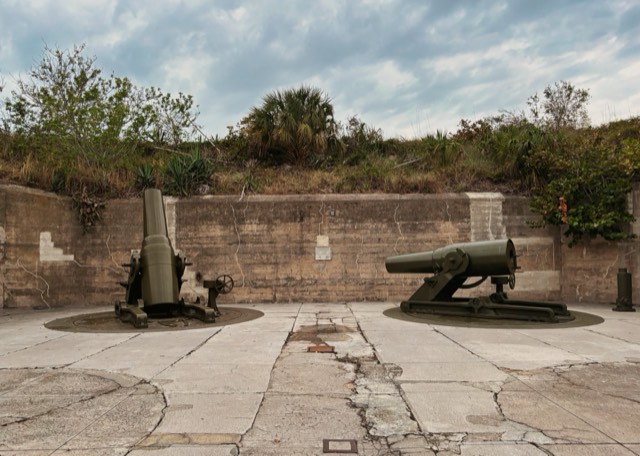 Historic coastal-artillery guns at the Fort De Soto Park battery near St. Petersburg