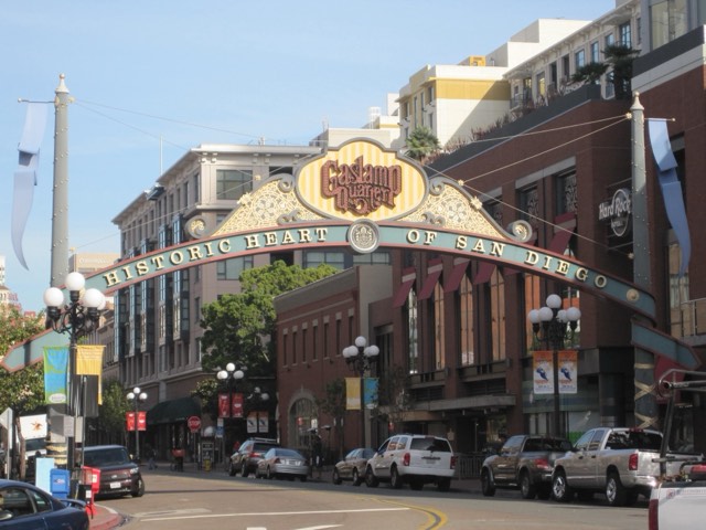 The illuminated 'Gaslamp Quarter — Historic Heart of San Diego' archway over Fifth Avenue
