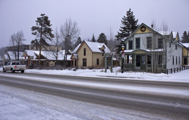 Historic Victorian buildings along Breckenridge's Main Street under fresh snow