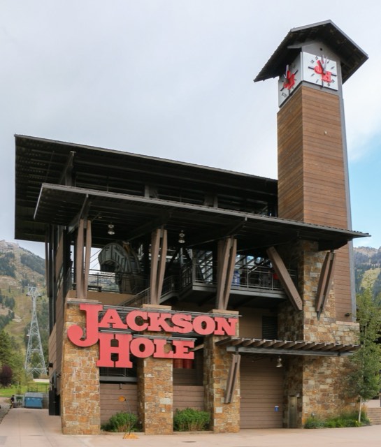 The clock-tower base building of Jackson Hole Mountain Resort at Teton Village
