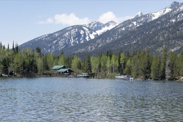 Shuttle boats at the Jenny Lake dock beneath the Teton peaks