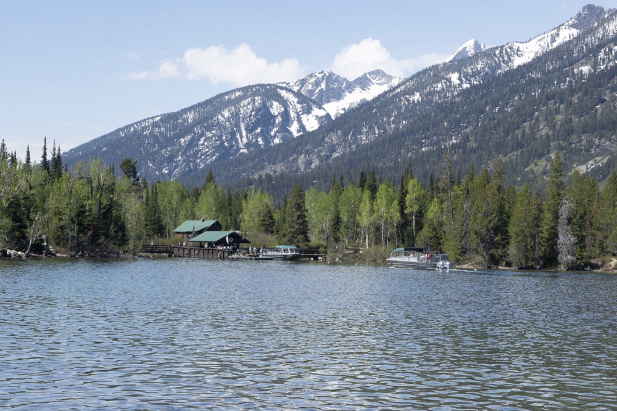 Shuttle boats at the Jenny Lake dock beneath the Teton peaks