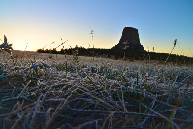 A frosty sunrise view of Devils Tower from the Joyner Ridge Trail