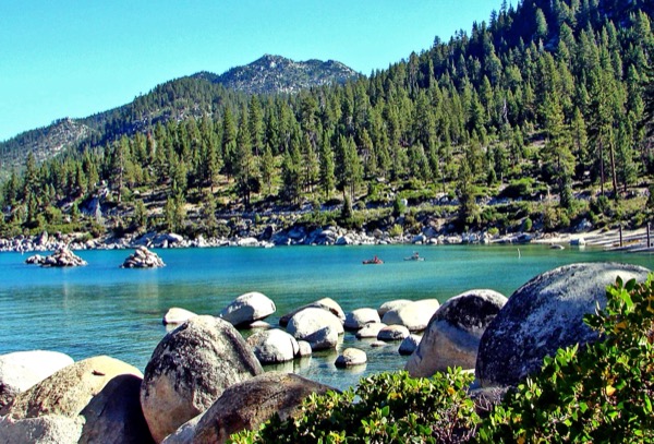 The turquoise water and granite boulders of Sand Harbor on Lake Tahoe