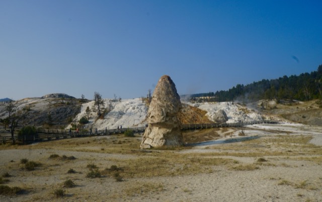 The travertine terraces and Liberty Cap at Mammoth Hot Springs