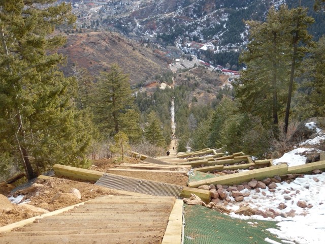 Looking down the steep railroad-tie stairway of the Manitou Incline to the valley below