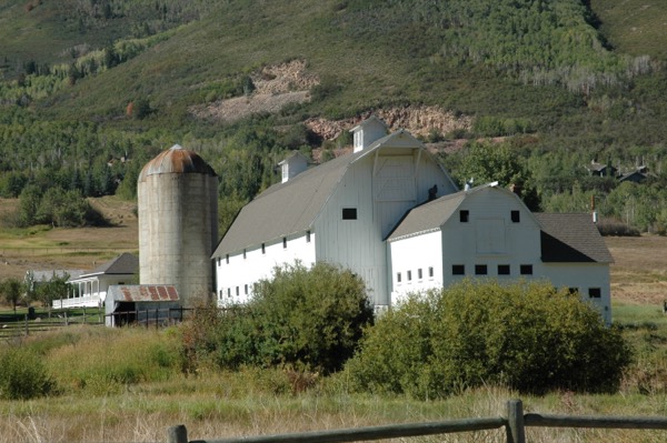 The iconic white McPolin barn and silo on a green hillside in Park City