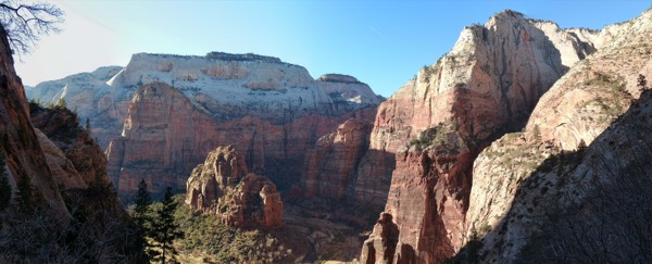The sweeping canyon panorama from Observation Point, with Angels Landing below