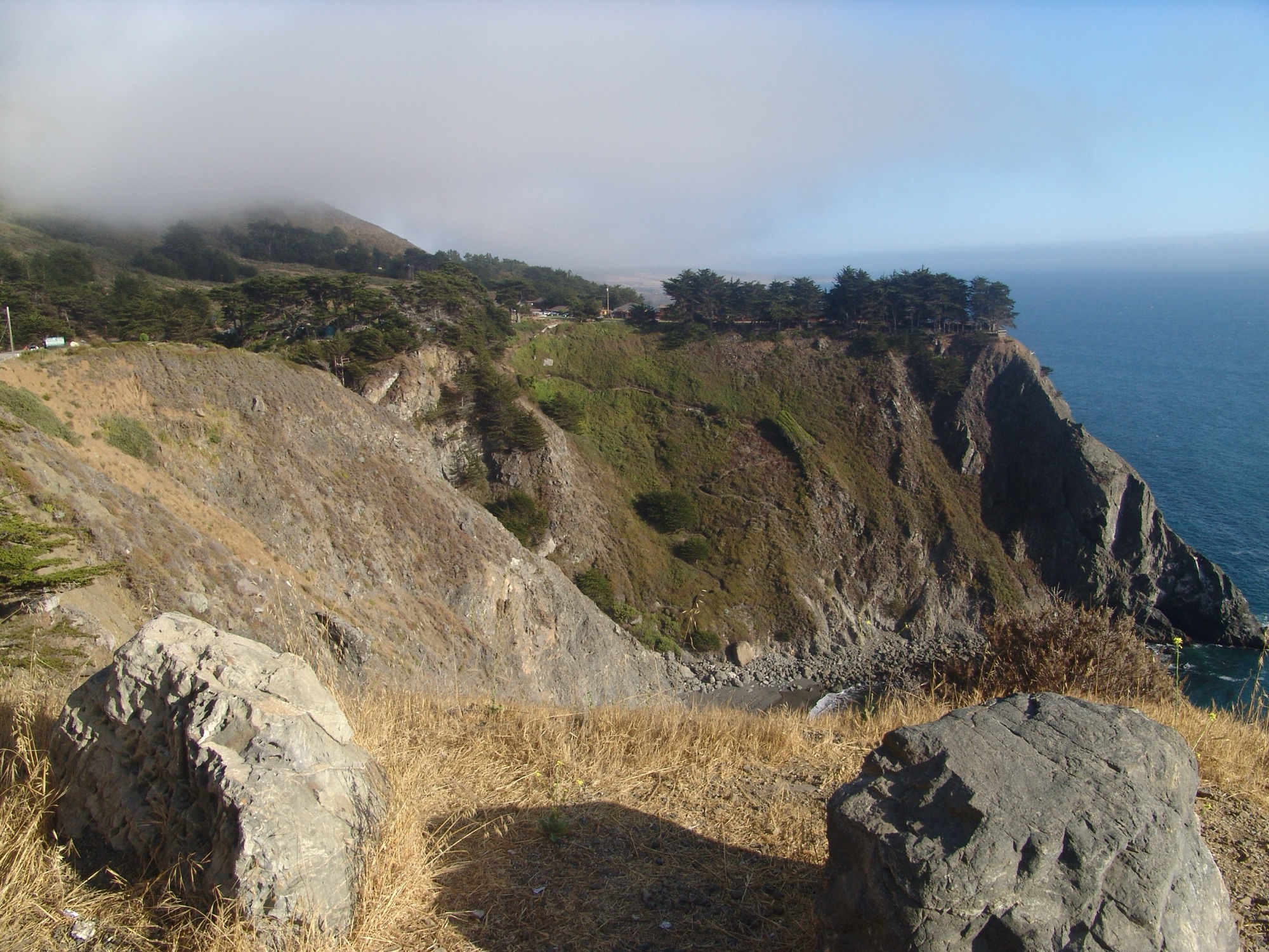The tree-topped Ragged Point headland dropping to the ocean at Big Sur's southern gateway, fog rolling in
