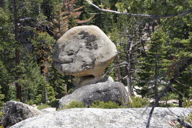 Balance Rock perched on granite above Lake Tahoe at D.L. Bliss State Park, near the Rubicon Trail.