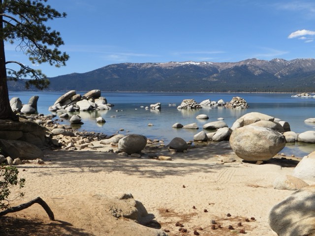 Clear turquoise shallows and rounded granite boulders at Sand Harbor on Lake Tahoe's Nevada east shore.