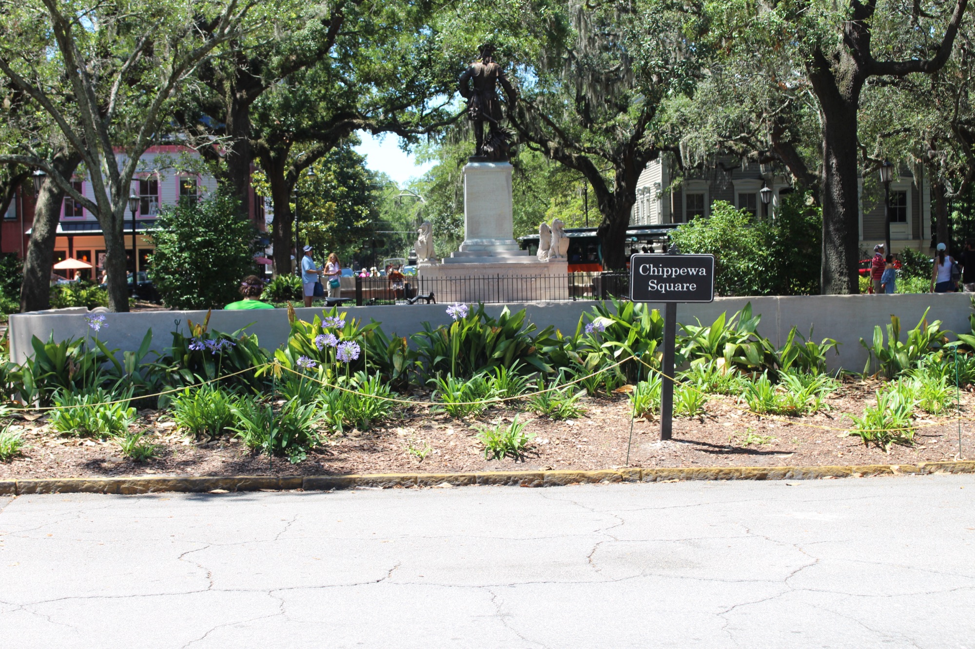 Chippewa Square in Savannah — the Oglethorpe monument under live oaks draped in Spanish moss