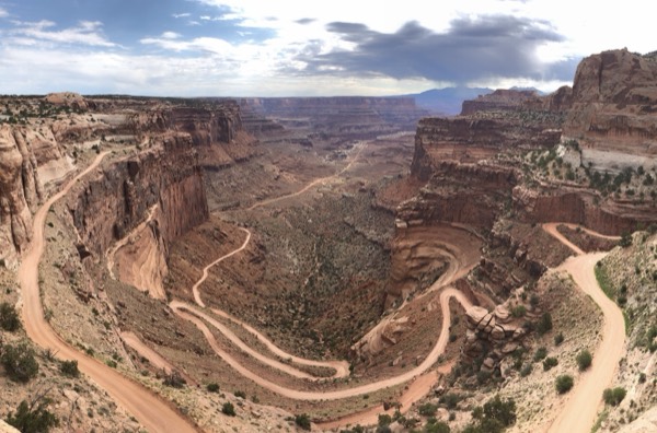 The serpentine switchbacks of the Shafer Trail from the canyon rim