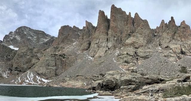 The jagged Cathedral Spires rising above Sky Pond