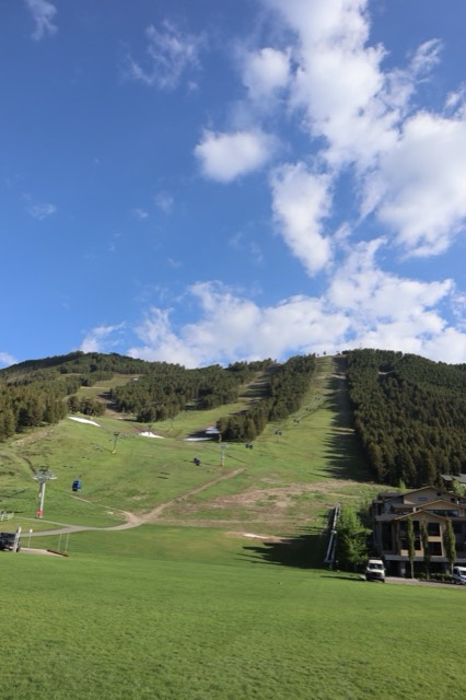 The green summer ski runs and gondola of Snow King Mountain above Jackson
