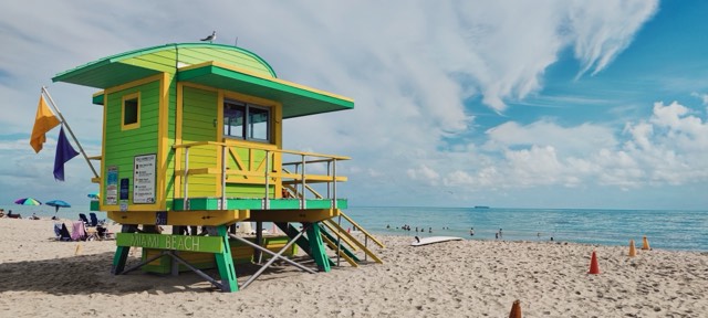 The candy-colored Art Deco lifeguard tower on the sand at Miami Beach's South Beach