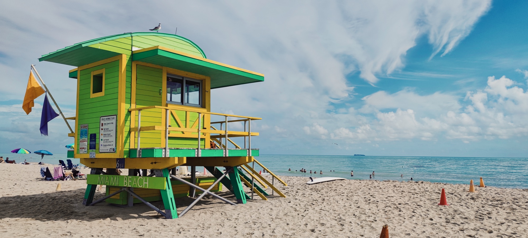 The candy-colored Art Deco lifeguard tower on the sand at Miami Beach's South Beach