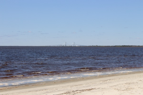 The Sidney Lanier Bridge across the sound from St. Andrews Beach on Jekyll Island's south end