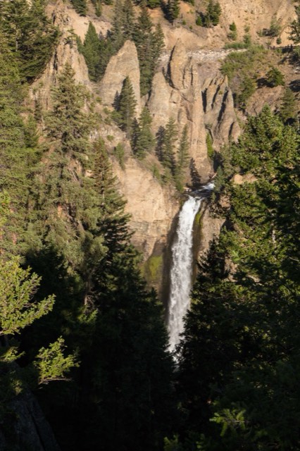 Morning light on Tower Fall in its pinnacled canyon