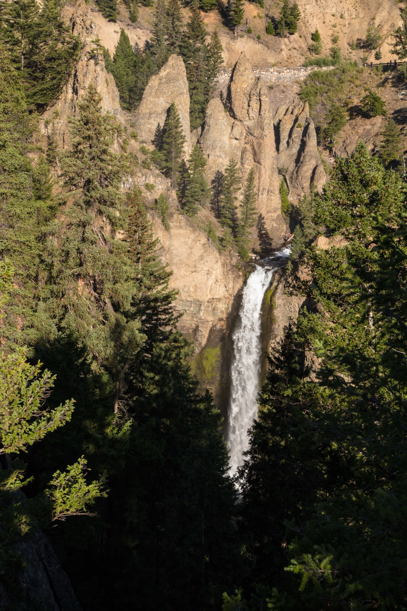 Morning light on Tower Fall in its pinnacled canyon
