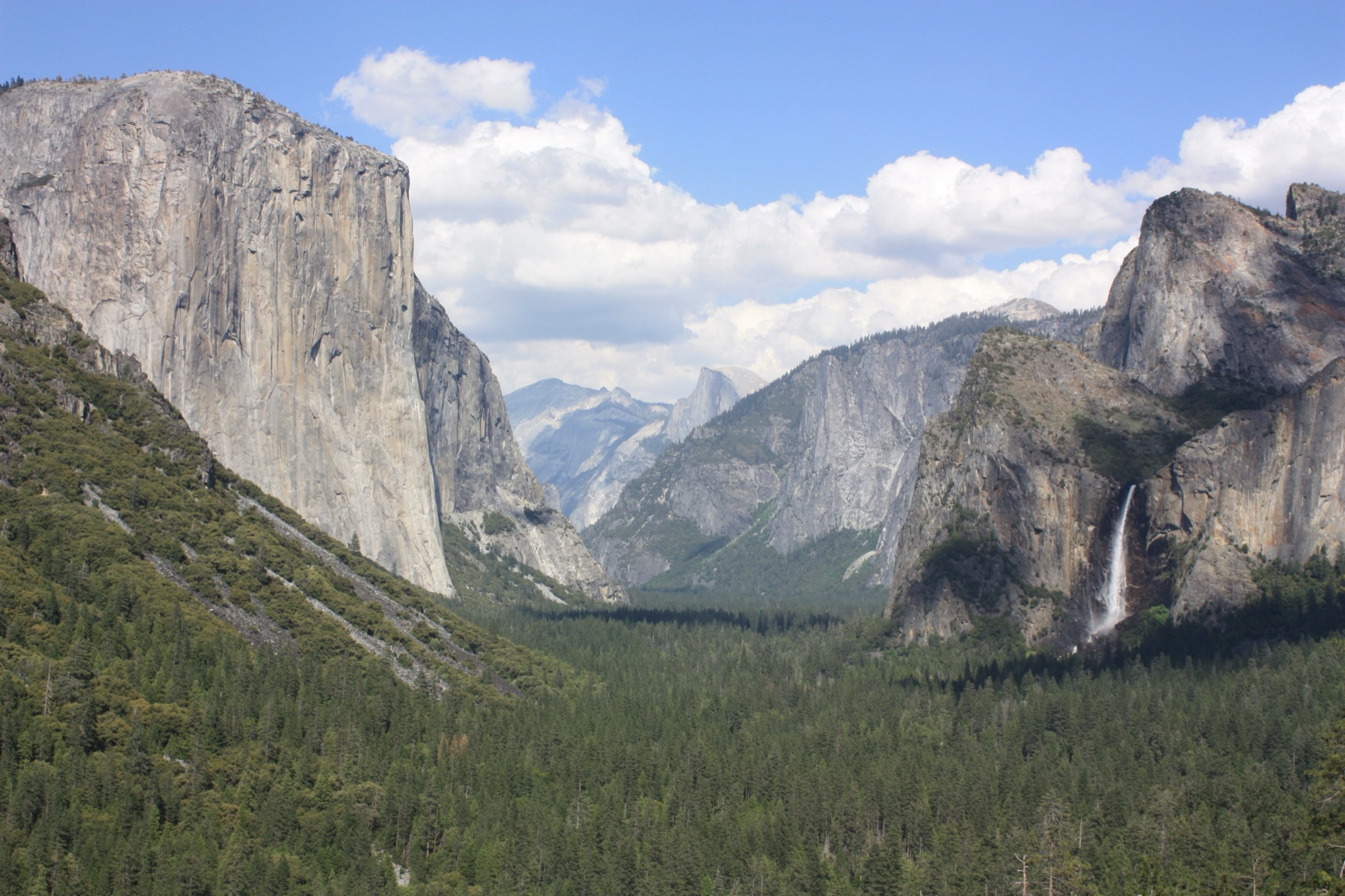 The Tunnel View overlook down Yosemite Valley to El Capitan, Bridalveil Fall, and Half Dome