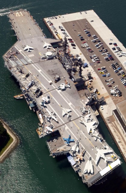 An aerial view of the USS Midway aircraft-carrier museum moored at the San Diego Embarcadero