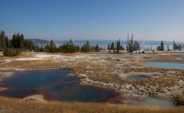 Colorful hot pools of the West Thumb Geyser Basin beside Yellowstone Lake