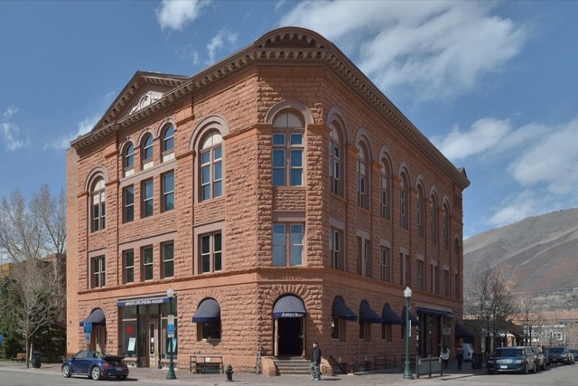 The historic red-sandstone Wheeler Opera House on a downtown Aspen corner