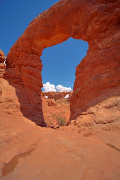 Turret Arch under a deep-blue sky in the Windows Section of Arches