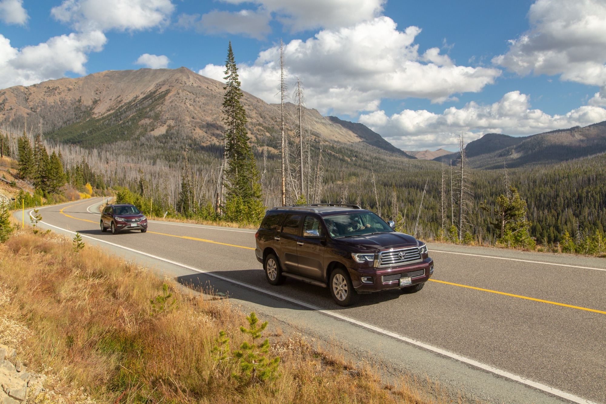 The scenic East Entrance Road climbing toward Yellowstone from Cody