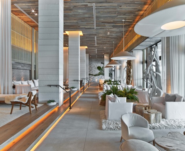 The 1 Hotel South Beach lobby — reclaimed wood, driftwood sculptures, and greenery in its biophilic design