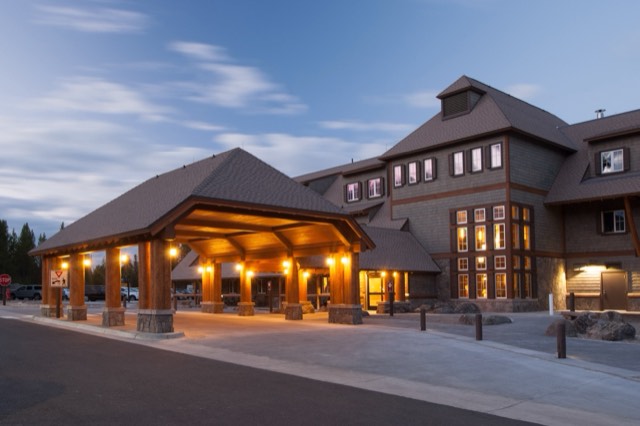 The modern Canyon Lodge at dusk