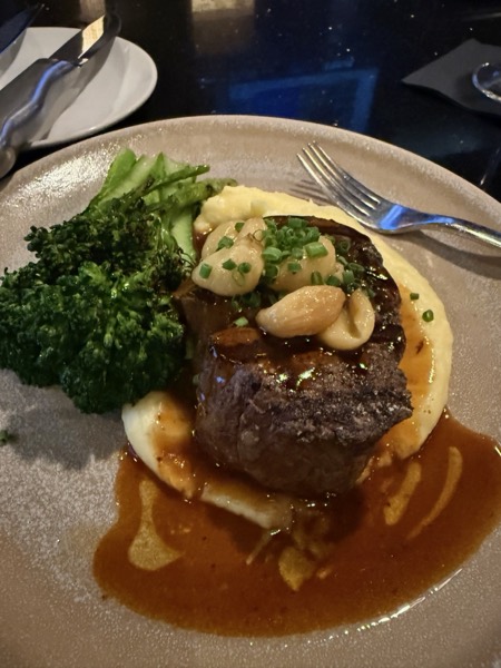 A filet with broccolini and mashed potatoes at the resort's restaurant